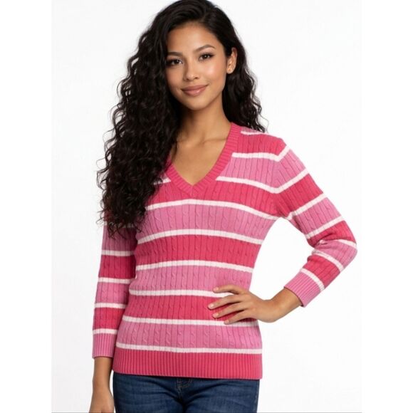 JEANNE PIERRE Sweaters - Jeanne Pierre Pink Striped V-neck Cable Knit 3/4 Sleeve Sweater Size M